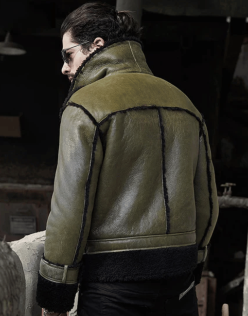 Mens Green RAF Flying Pilot Shearling Leather Jacket - Image 2