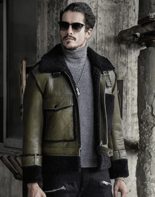 Mens Green RAF Flying Pilot Shearling Leather Jacket - Image 3