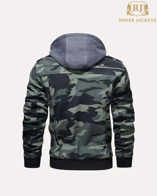 HOOD CREW Mens PU Faux Leather Motorcycle Bomber Jacket With a Removable Hood - Image 2