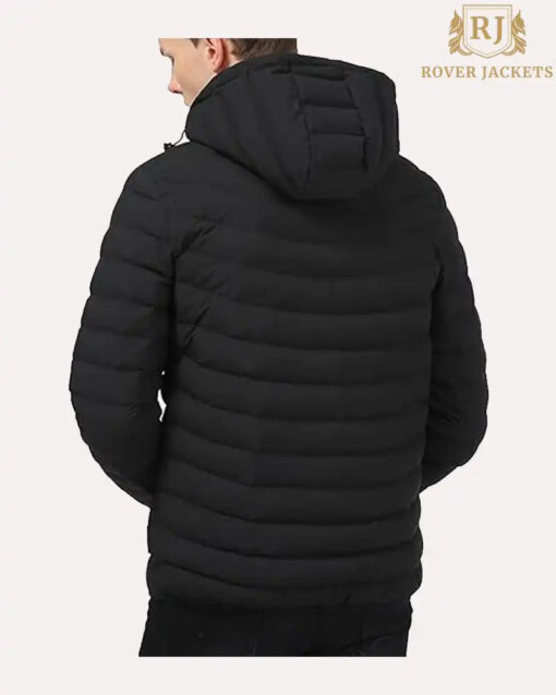 Spindle Mens Plain Black Hooded Padded Quilted Puffer Jacket - Image 2