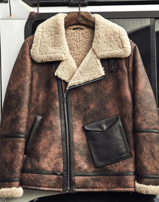 Mens Waxed Brown Flying Aviator Leather Shearling Jacket - Image 3