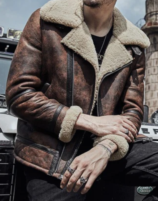 Mens Waxed Brown Flying Aviator Leather Shearling Jacket - Image 2