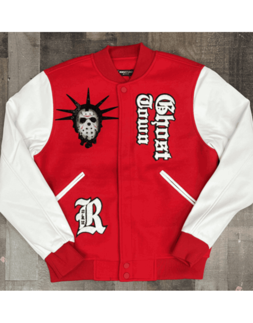 Men’s Red Ghost Town Varsity Jacket - Image 3
