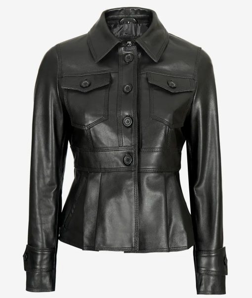 Gladys Women's Black Peplum Leather Jacket - Image 2