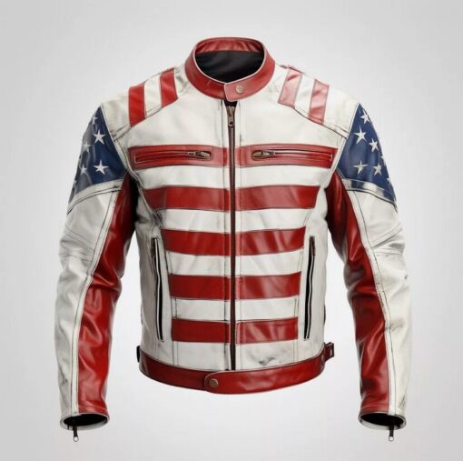 USA Mens Leather American Flag Jacket Classic