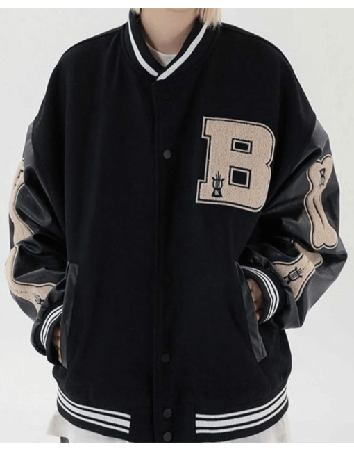 Skeleton Bad To The Bone Patchwork Varsity Jacket - Image 3