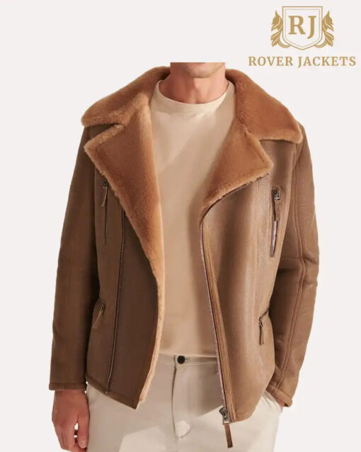 Men's Soft Tan Shearling Leather Jacket - Image 3