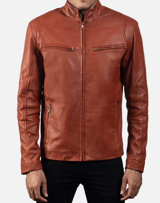 Tan Brown Leather Biker Jacket - Image 4