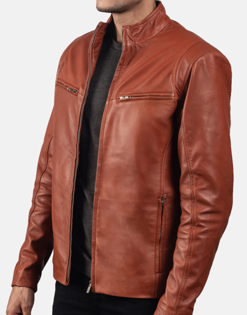 Tan Brown Leather Biker Jacket - Image 3