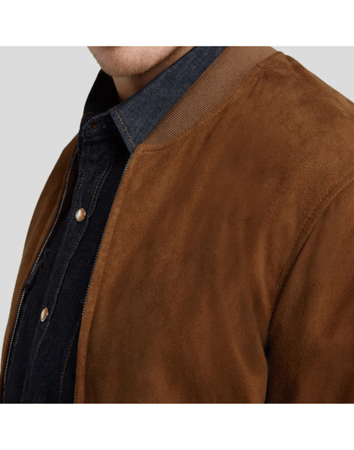 Tan Suede Bomber Jacket Men's | Leather Jacket - Image 3