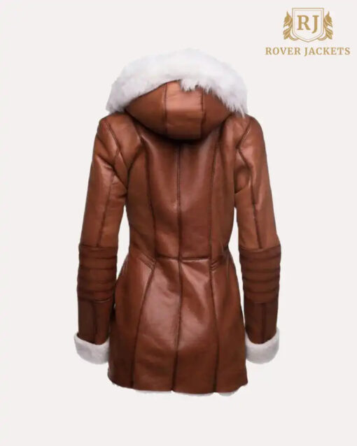 Womens Tan Shearling Trench Style Leather Coat with Fur Hooded - Image 2