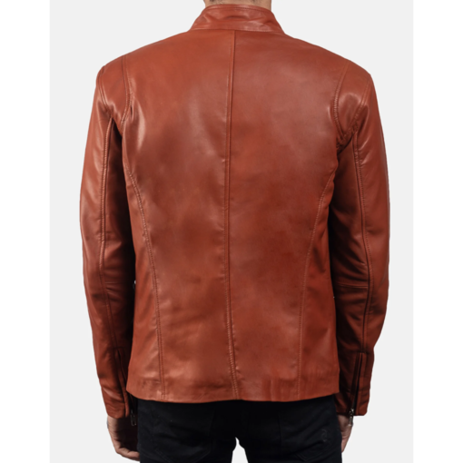 Tan Brown Leather Biker Jacket - Image 2