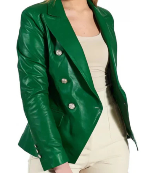 Women's Double Breasted Green Leather Coat - Image 2
