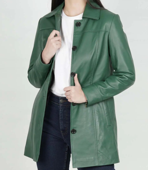 Women's Real Leather 3/4 Length Button Down Green Coat