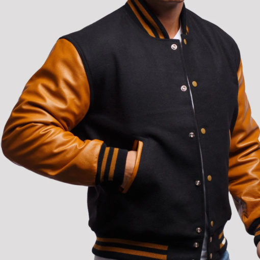 Black Wool Varsity Jacket with Old Gold Leather Sleeves - Image 2