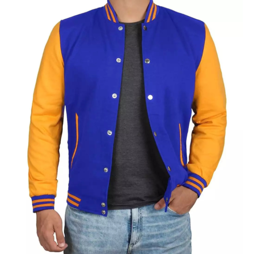 Royal Blue Baseball Varsity Jacket for Men with Yellow Sleeves - Bomber Style Jacket - Image 2