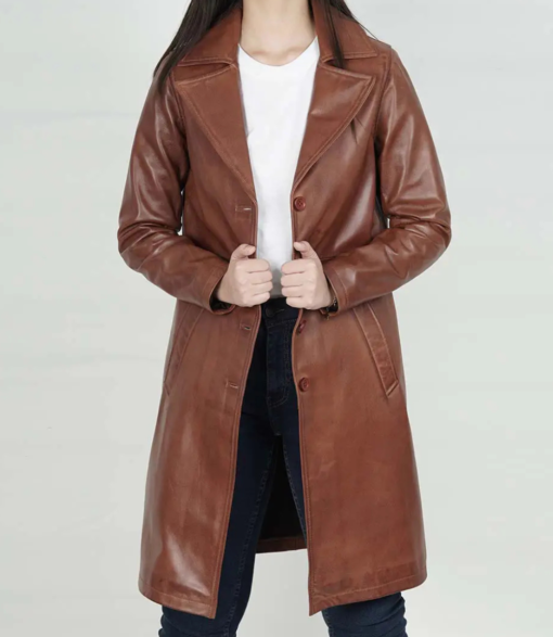 Women's Cognac Long Leather Car Coat - Image 2