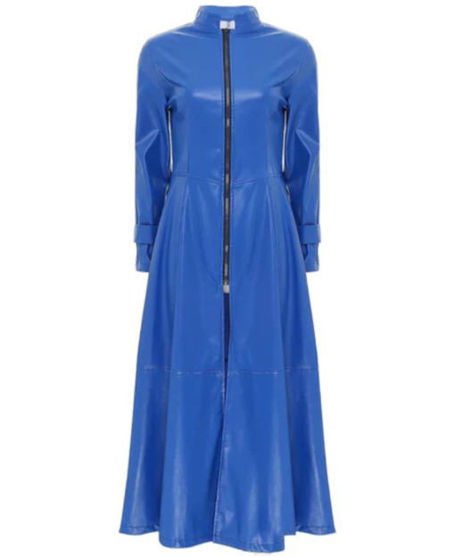 Women's Blue Ankle-Length Leather Trench Coat