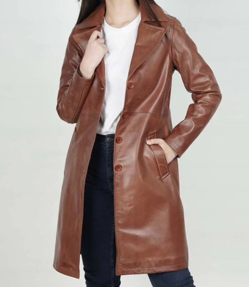 Women's Cognac Long Leather Car Coat