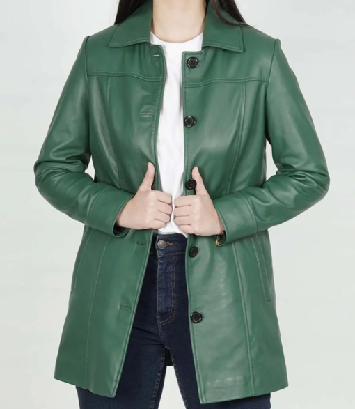 Women's Real Leather 3/4 Length Button Down Green Coat - Image 2
