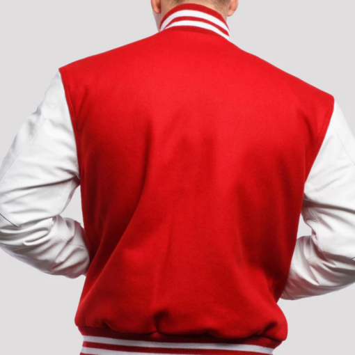 Scarlet Wool Varsity Jacket with Bright White Leather Sleeves - Image 2