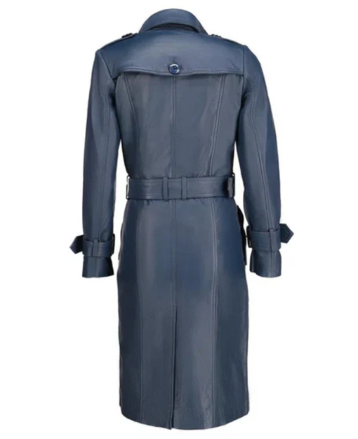 Women's Blue Double-Breasted Leather Coat - Image 2