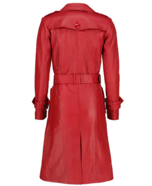 Women's Red Double-Breasted Leather Coat - Image 2