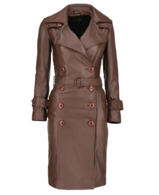 Women's Brown Double-Breasted Leather Coat