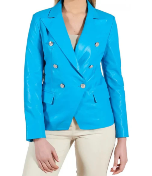 Women's Double Breasted Blue Leather Coat - Image 2