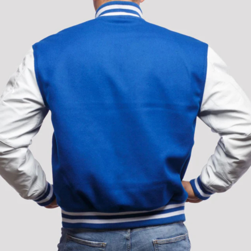 Bright Royal Wool Varsity Jacket with Bright White Leather Sleeves - Image 2