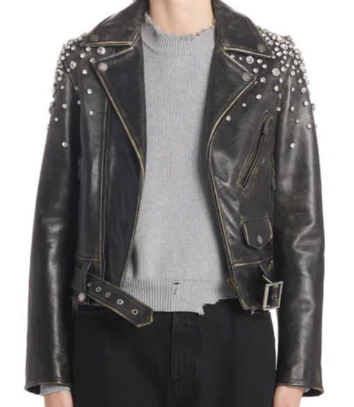 Women's Crystal Embellished Leather Moto Jacket