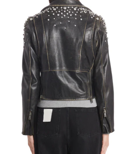Women's Crystal Embellished Leather Moto Jacket - Image 2