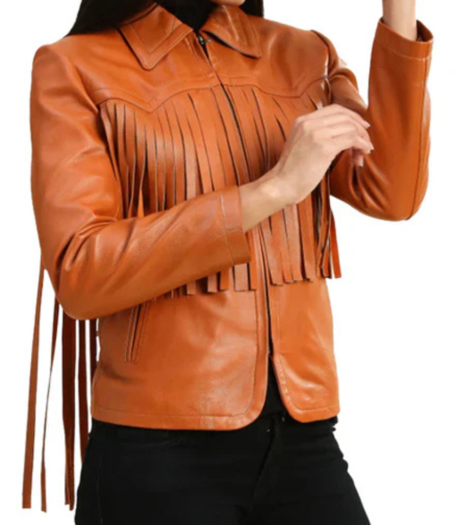Women's Brown Fringe Stylish Leather Jacket - Image 2