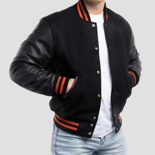 Black Wool Varsity Jacket with Black Leather Sleeves