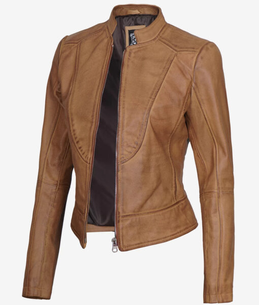 Amy Womens Slim Fit Camel Brown Leather Jacket - Image 2