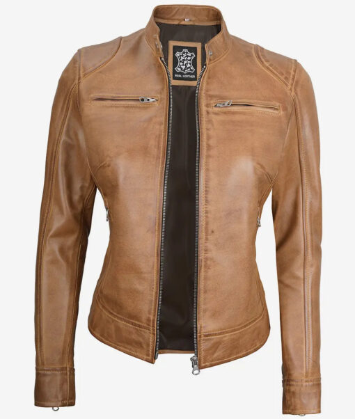 Women's Camel Real Leather Moto Jacket