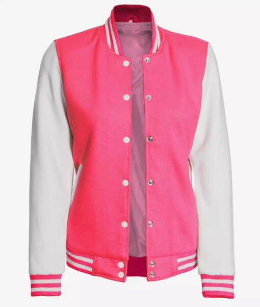 Women's Pink and White Varsity Jacket - Baseball Bomber Style