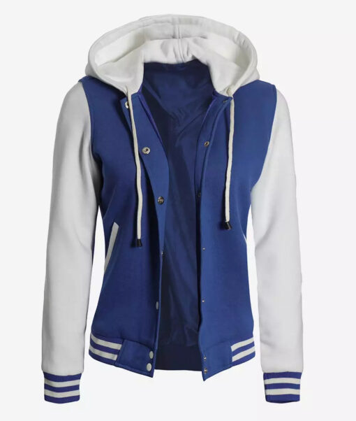 Women's Royal Blue and White Letterman Hooded Jacket