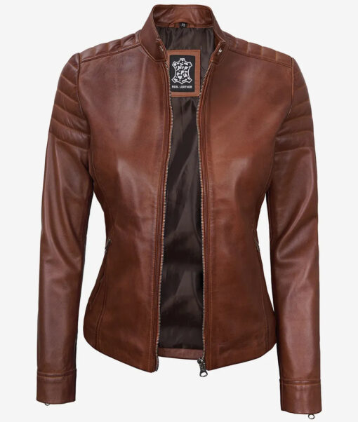 Women's Cognac Cafe Racer Leather Jacket - Image 2
