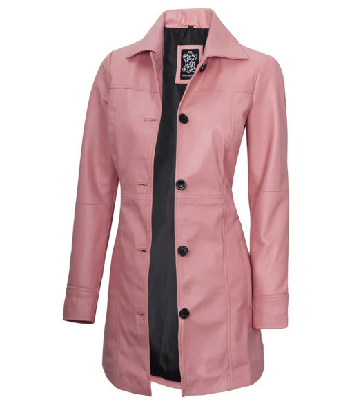 Women's Pink Button Down Real Leather Car Coat