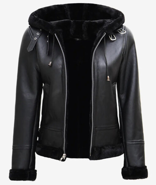 Women's Black Shearling Leather Hooded Jacket - Image 2