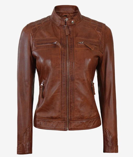 Women's Cognac Cafe Racer Leather Jacket | Quilted Shoulder