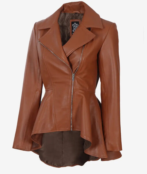 Women's Cognac Asymmetrical Peplum Leather Jacket