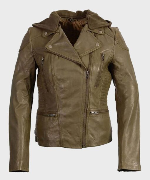 Womens Olive Motorcycle Leather Jacket - Image 2