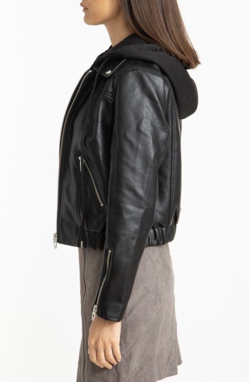 Womens Lapel Collar Leather Jacket In Black - Image 4