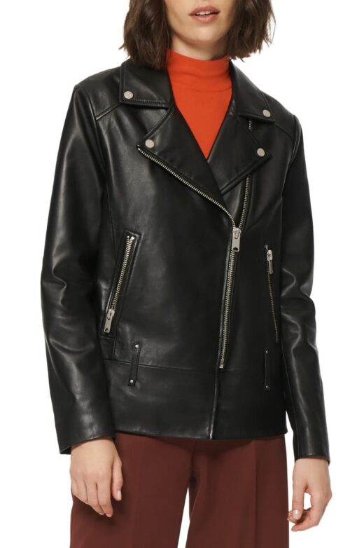 Womens Lapel Collar Leather Jacket In Black - Image 5