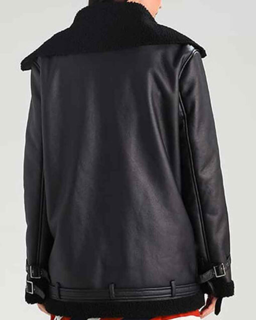 Womens Black Leather Shearling Aviator Jacket - Image 2