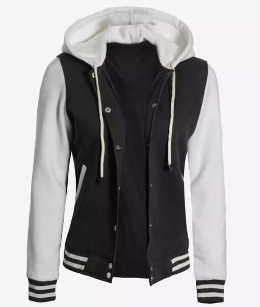 Women's White and Black Hooded Varsity Jacket - Letterman Style