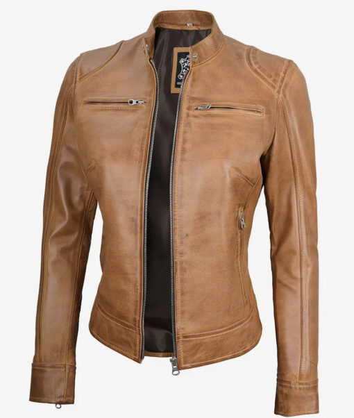 Women's Camel Real Leather Moto Jacket - Image 2