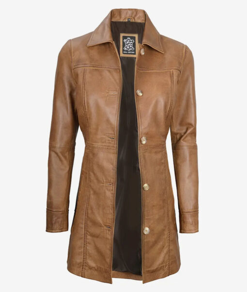 Women's Camel Brown Real Leather Coat - Image 2